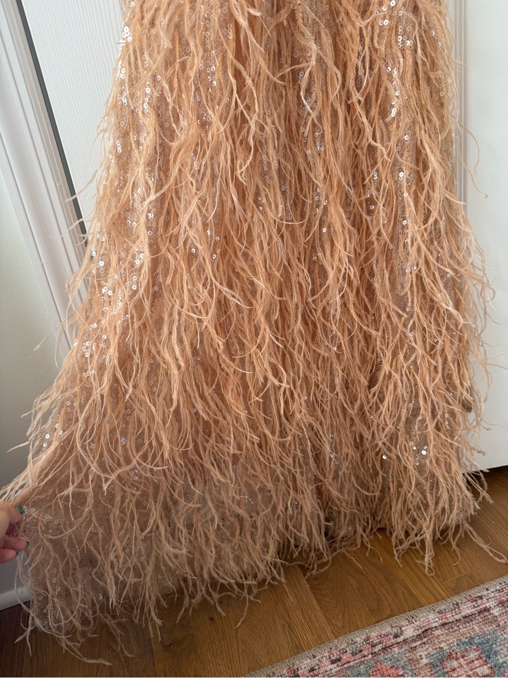 Retrofete Odessa Sequin Ostrich Feather Trimmed Sheer Gown Maxi Dress Tannin - Picture 10 of 16